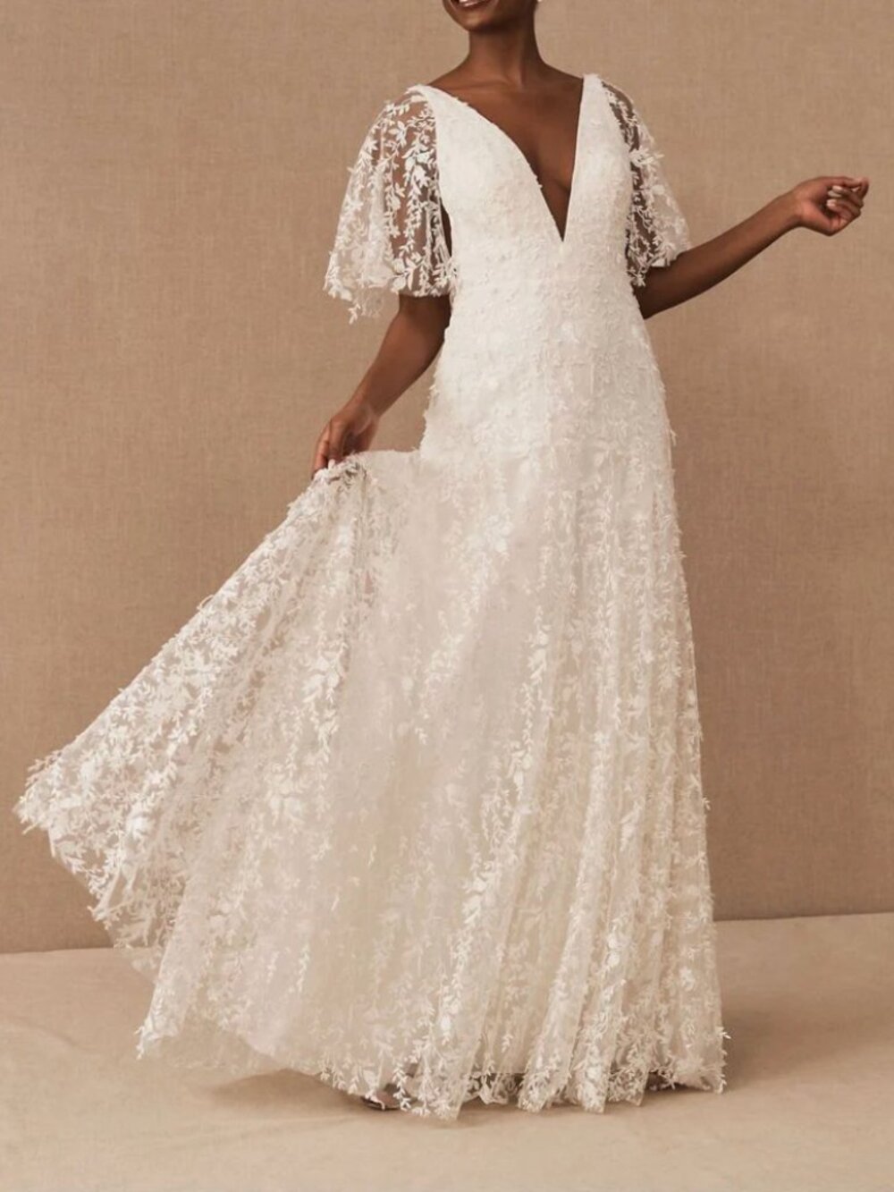 Jenny by Jenny Yoo Lourdes V-Neck Convertible-Sleeve Lace Wedding Gown